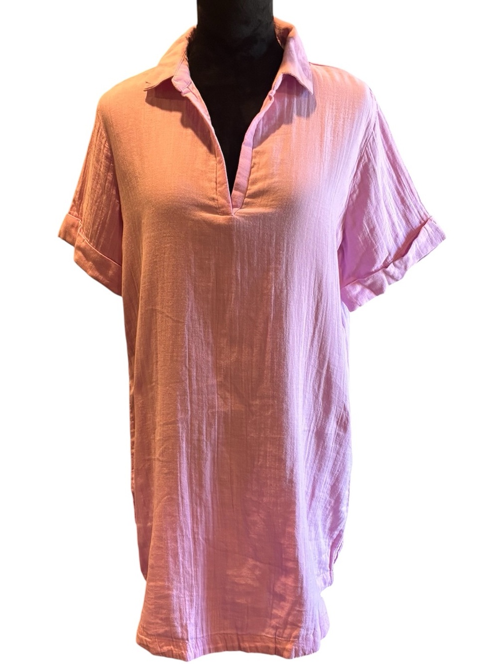 Pact Pink Collared Short-Sleeve Organic Cotton Tunic Coverup Dress,Small,Coastal
